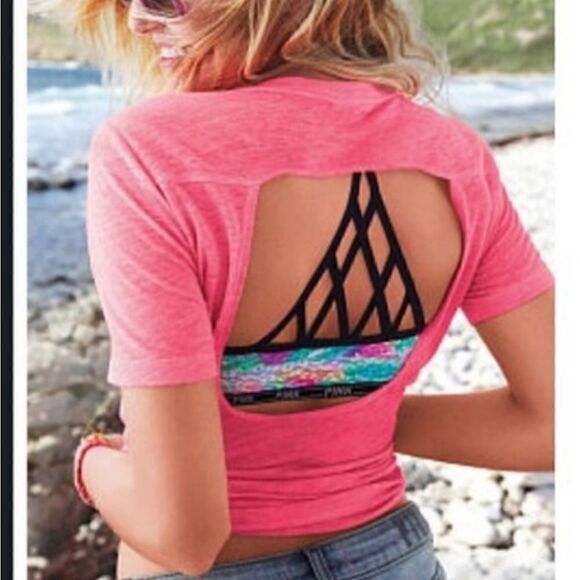Victoria's Secret PINK Pink Open Back Cut Out Short Sleeve Relaxed T-Shirt S - Picture 1 of 8